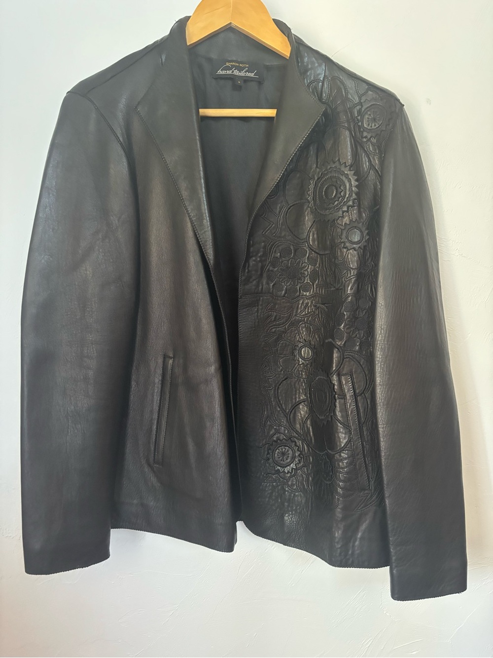 Vintage Sharon Roth Hand Tailored Leather Blazer Embroidered Floral Panel Sz 6